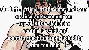 she left her friend outside, then saw the saleswoman riding a big black cock in the store and joined for a wild fuck