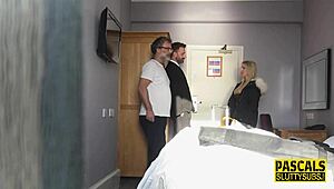 Busty blonde submissive gets pussy pounded in group bdsm 😈