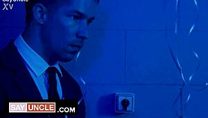 Two twinks get cum bath in gay Severance parody