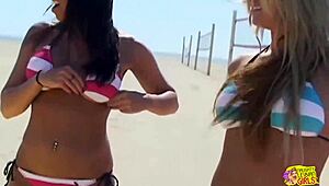 after beach volleyball, lesbians bang with toys inside