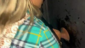 Housewife Used in Gloryhole by Huge Cock. Husband Watches in Awe with Tan Lines Exposed.