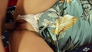 French amateur in satin lingerie and leather pants gets rimmed, blown, and doggystyled POV.