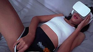 She loves watching VR porn while I admire her sexy shaved asian body and cum on her tits.
