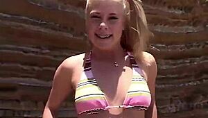 Little summer intensely shows her natural tits and pussy at the beach, getting fingered by blonde teen.