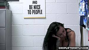 brunette shoplifter with tattoos rides huge cock in store