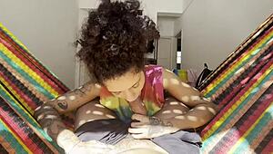 The naughty girl gave a wet blowjob and rode the monster cock on the net.