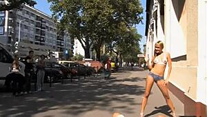 blue angel walks naked in public with body paint flashing exhibitionist style