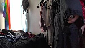 trying on clothes, teasing camera with and without packer