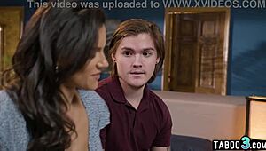 Curious milf stepmom Penny Barber guides stepson and teen girlfriend in roleplay