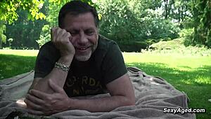 old man bangs sexy blonde in skirt at public park