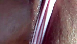 This busty white maid in booty shorts flashes her wet pussy close-up. She gets hardcore missionary fucking with accidental creampie!