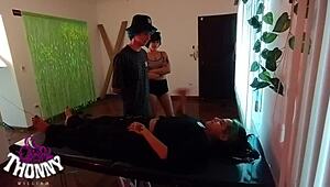 lady milf gives foot massage backstage, then fucks cock