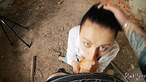 pov long haired teen facefucked in abandoned building with huge cum in mouth