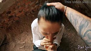 pov long haired teen facefucked in abandoned building with huge cum in mouth