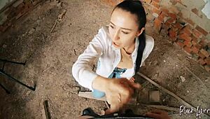 pov long haired teen facefucked in abandoned building with huge cum in mouth