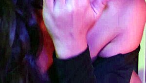 babe gives deep throat blowjob in neon night. she moans in pov for shorties