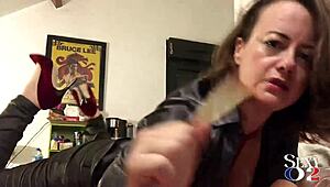 White Amateur Milf in Green Leather Pants and Red Satin Bodysuit Fucked Doggy Style POV