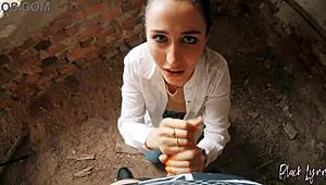 pov long haired teen facefucked in abandoned building with huge cum in mouth