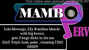 lola morango, 22-year-old brazilian blonde with big breasts, takes three huge dicks in her ass during dirty talk session