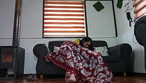 Rough fucking stepmother in kitchen while watching movie