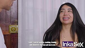 Young mexican maid with big natural tits gets tricked and fucked by her athletic boss. She moans from the intense pounding.