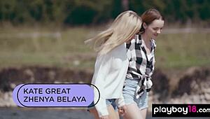 Petite Russian Blondie Kate Great Strips Her Lesbian Teen 18+ Girlfriend Outdoor for Fun!
