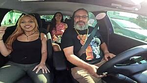 Brazilian Kah Fox strips naked in a car. Her giant butt shines during the ride.