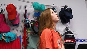 Petite burglar stripped and roughly fucked in garage shop. Sluttythief caught stealing flag for grandpa.