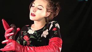 Red leather glovejob with dirty talk and toys