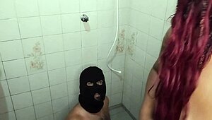Wow, masked guy blasted cum on my tits and mouth in bathroom!