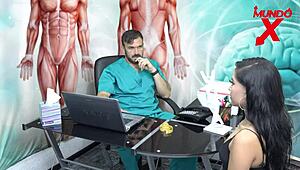 She consults her doctor in lingerie at the office.