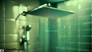 elegant shy blonde bathes in the shower