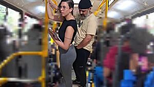 Slutty student receives cumshot on ass in public while riding the bus