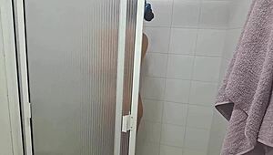 i was masturbating while spying on my stepsister in the shower, she caught me and got turned on by my cock
