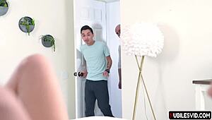 Aria Valencia and Bunny Madison in family swap making practice with blowjob and riding.