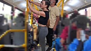 Slutty student receives cumshot on ass in public while riding the bus