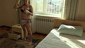 Busty governess finds sex toys, cums hard while cleaning