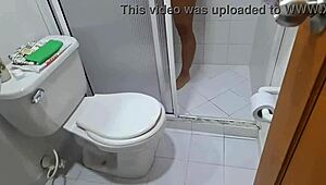 i was masturbating while spying on my stepsister in the shower, she caught me and got turned on by my cock