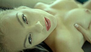 horny blonde milf fingers her wet pussy with lots of oil at home