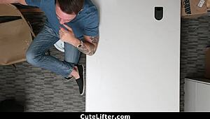 In the garage, a teen shoplifter with braces gets caught and fucked in front of her boyfriend