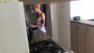 My stepmom offers her tight backside in the kitchen for anal