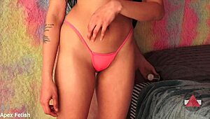 She begs for a panty fuck with close-up on her legs and pussy.