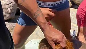 teasing couple blowjob leads to big cock facial on beach