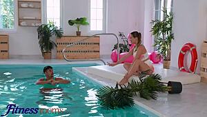 Curvy Russian brunette Amalia Davis gives passionate poolside blowjob