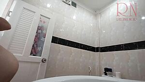 The naked maid cleans toilet and shower without panties