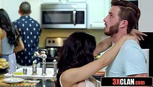 Damn! Sneaky milf handles her stepdaughter's boyfriend's cock hard!