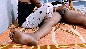 Indian Hot Wife Gives Homemade Handjob, Blowjob, and Footjob to Husband.