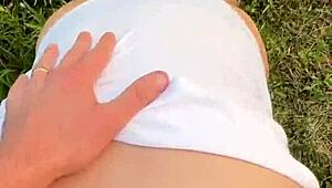 couple almost gets caught fucking roughly in the park with big cocks and tits