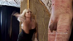 Cruel Blonde MILF Whips Guy's Cock In Femdom