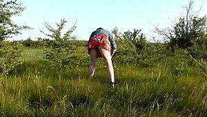 Beautiful brunette teen exposes hairy pussy outdoors in short skirt for doggystyle